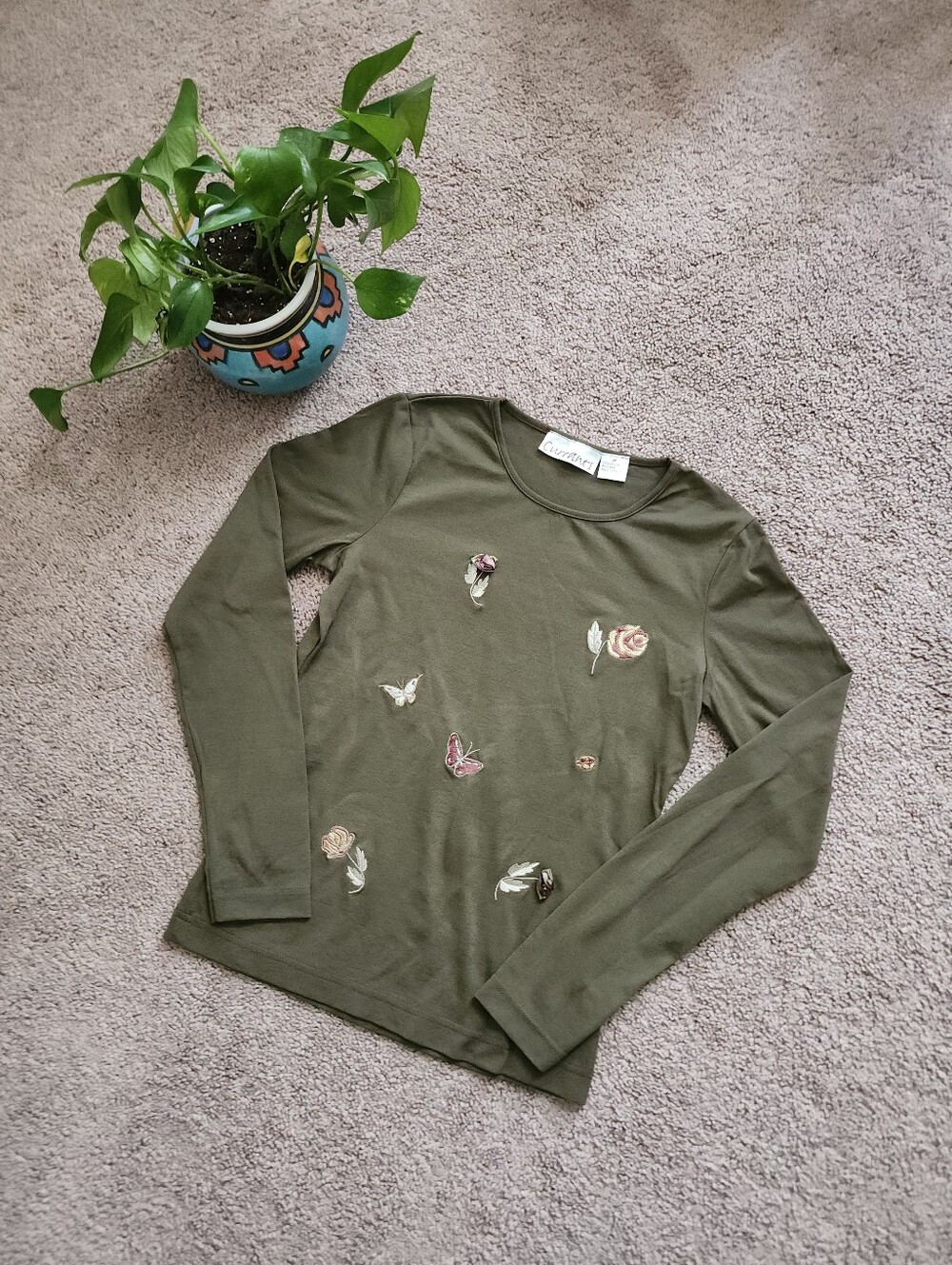 Vintage 90s Olive Green Long Sleeve Top with Embroidery Womens Medium.